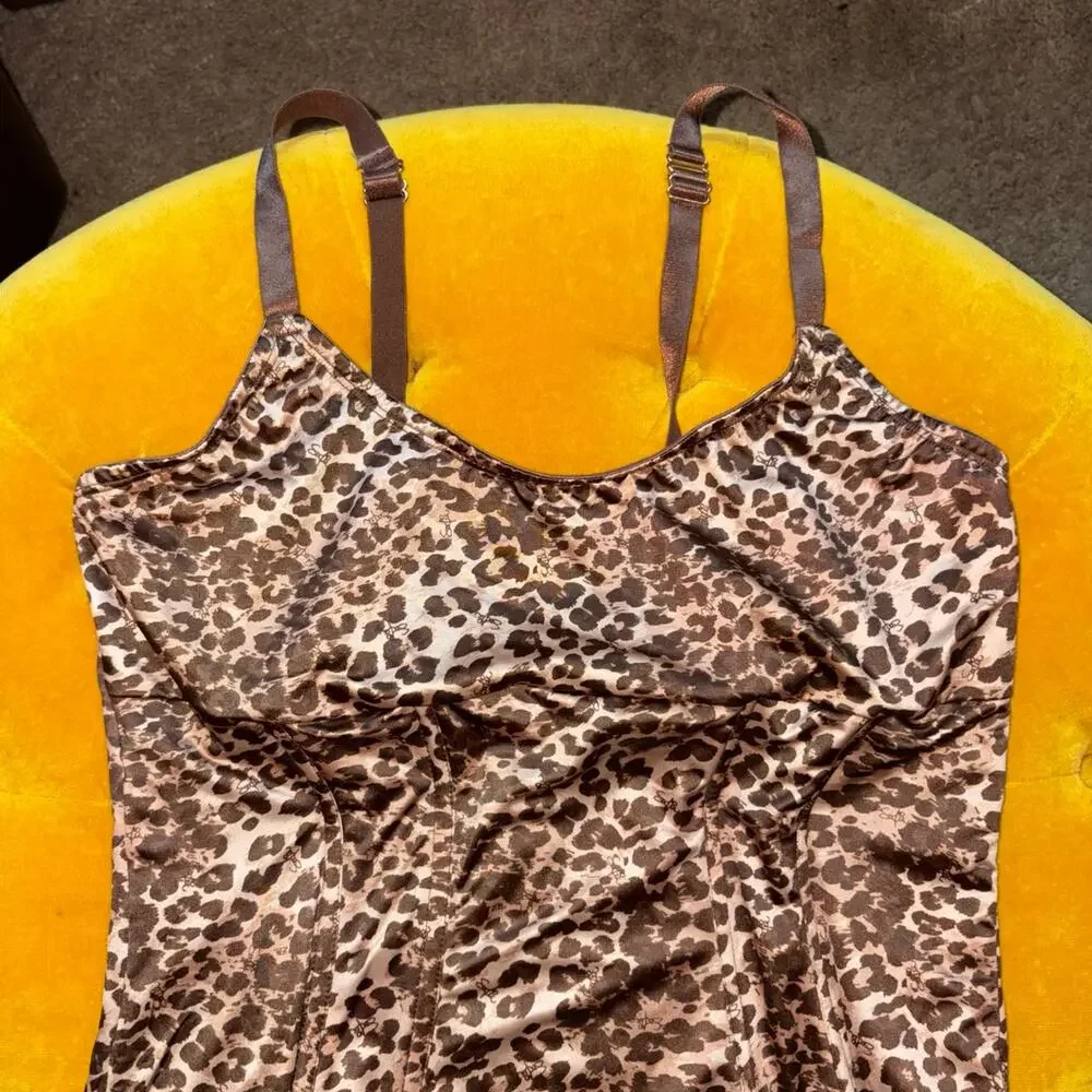 Sofia Intimates Leopard Print Shapewear Bodysuit XXL Satin Corset Style